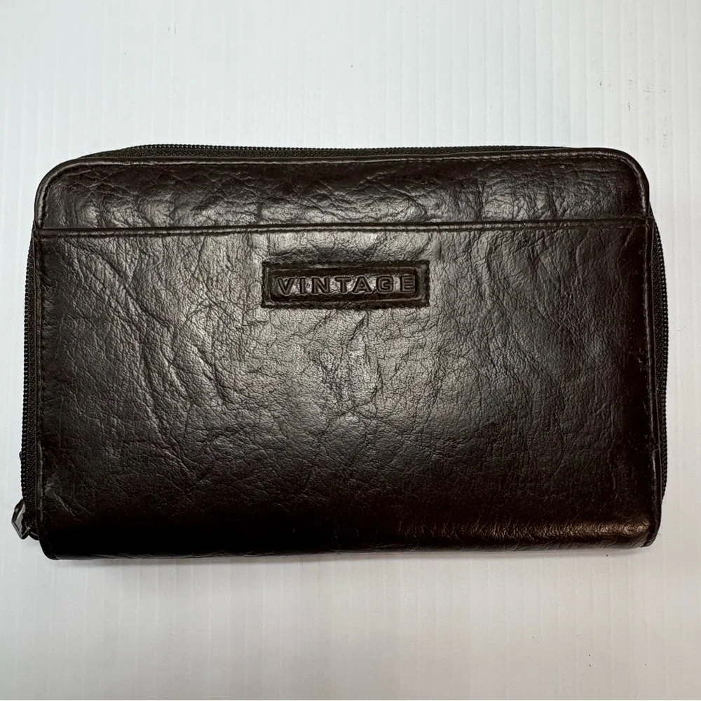 Vintage Brown Leather Zip-Around Checkbook Wallet Organizer